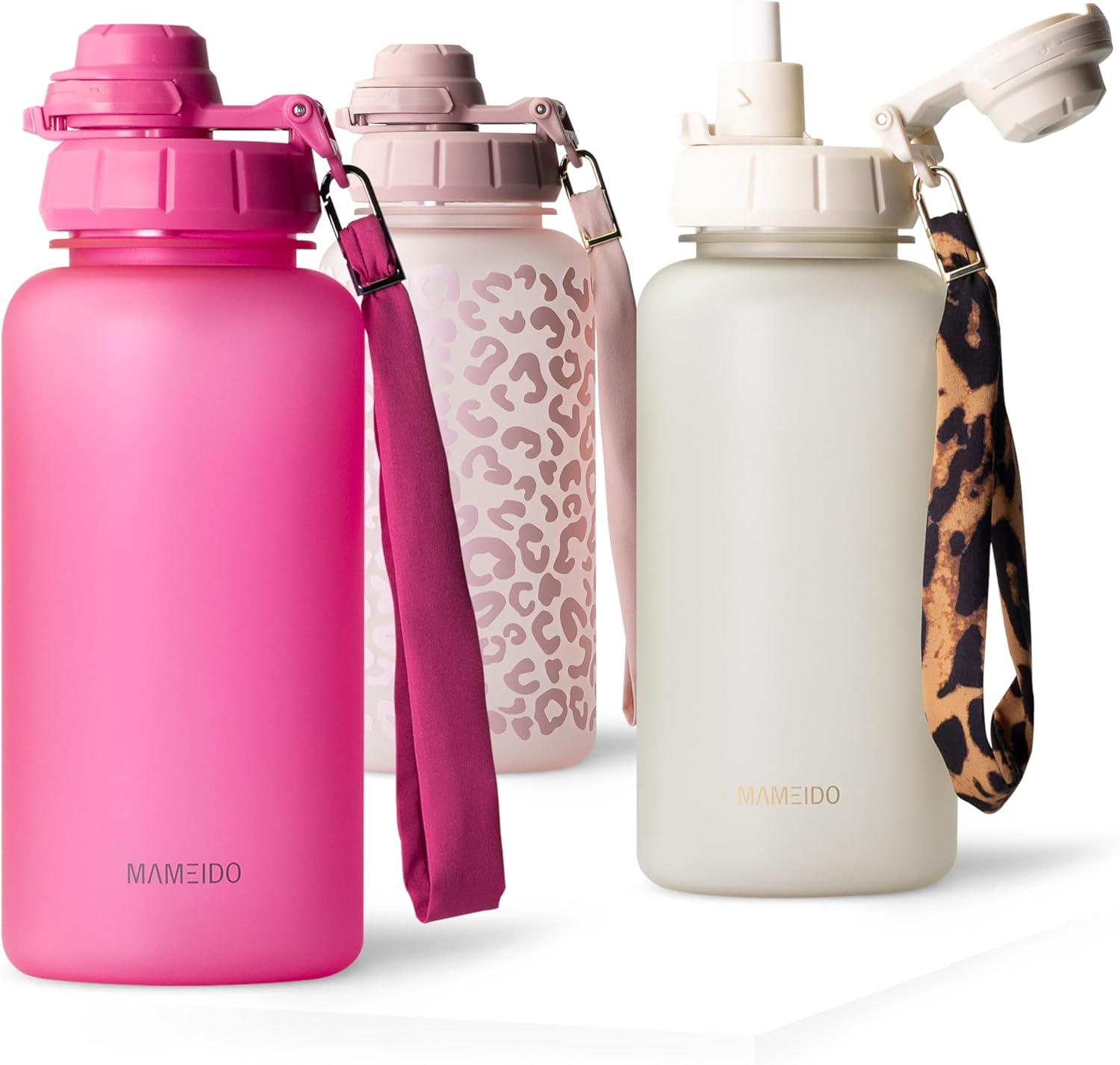 image:imageMAMEIDO Gourde avec Paille 1 l Marqueur de Temps de Motivation Gourde Sport avec Dragonne Gourde tanche Bouteille deau sans BPA Water Bottle Wild CandyGlow Couture