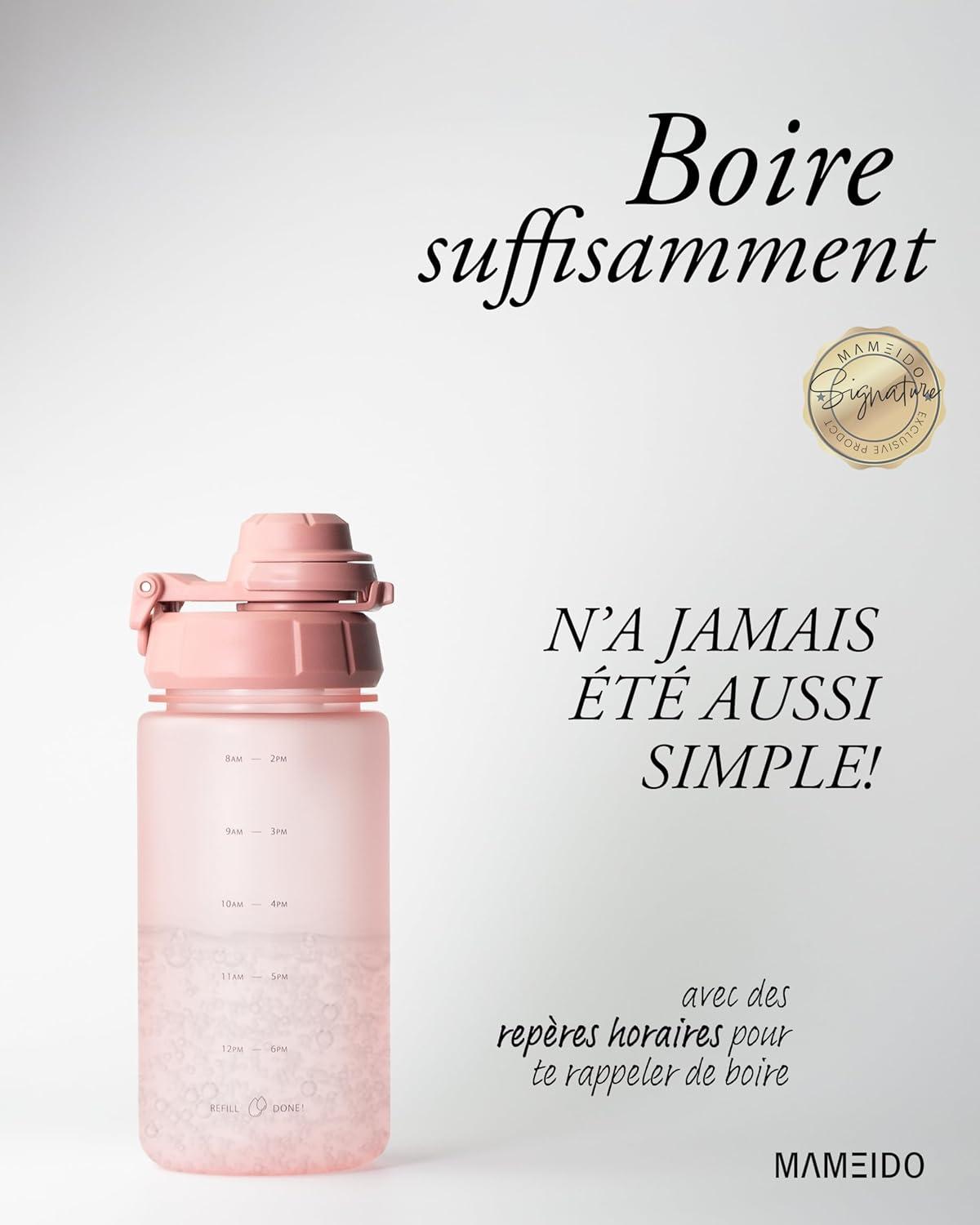image:imageMAMEIDO Gourde avec Paille 1 l Marqueur de Temps de Motivation Gourde Sport avec Dragonne Gourde tanche Bouteille deau sans BPA Water Bottle Wild CandyFlamingo Pink