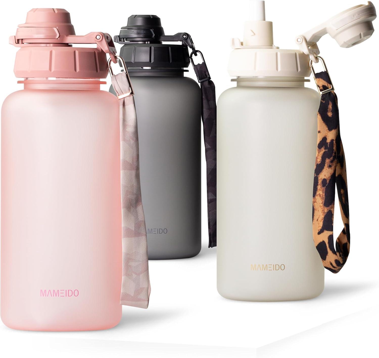 image:imageMAMEIDO Gourde avec Paille 1 l Marqueur de Temps de Motivation Gourde Sport avec Dragonne Gourde tanche Bouteille deau sans BPA Water Bottle Wild CandyFlamingo Pink