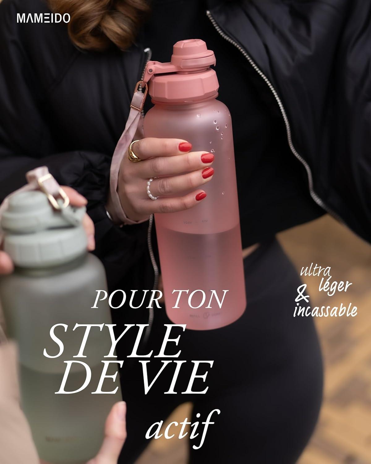 image:imageMAMEIDO Gourde avec Paille 1 l Marqueur de Temps de Motivation Gourde Sport avec Dragonne Gourde tanche Bouteille deau sans BPA Water Bottle Wild CandyFlamingo Pink