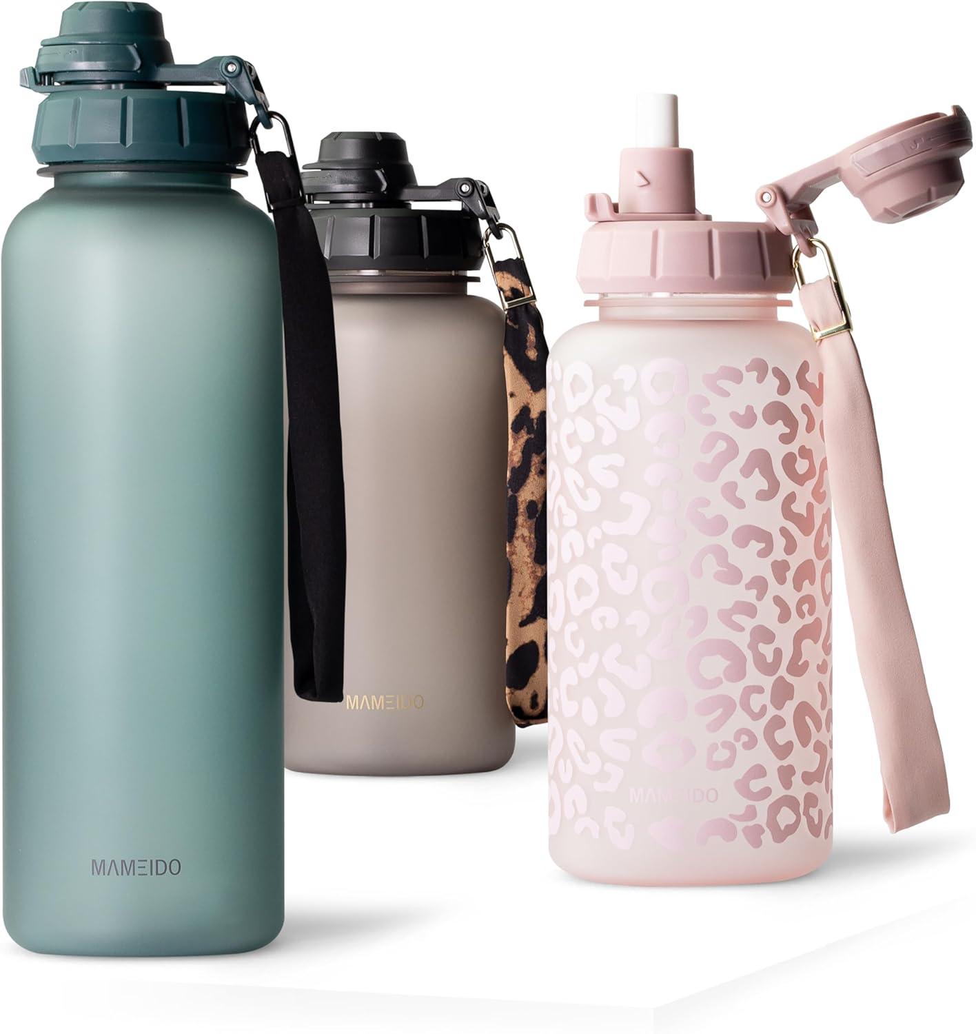 image:imageMAMEIDO Gourde avec Paille 1 l Marqueur de Temps de Motivation Gourde Sport avec Dragonne Gourde tanche Bouteille deau sans BPA Water Bottle Wild CandyOcean Bloom