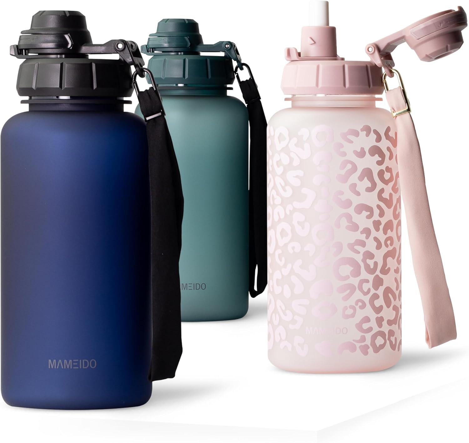 image:imageMAMEIDO Gourde avec Paille 1 l Marqueur de Temps de Motivation Gourde Sport avec Dragonne Gourde tanche Bouteille deau sans BPA Water Bottle Wild CandyDark Night