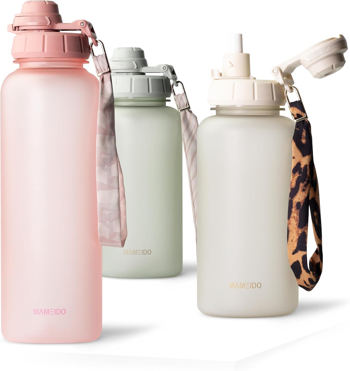 image:imageMAMEIDO Gourde avec Paille 1 l Marqueur de Temps de Motivation Gourde Sport avec Dragonne Gourde tanche Bouteille deau sans BPA Water Bottle Wild CandyFlamingo Pink