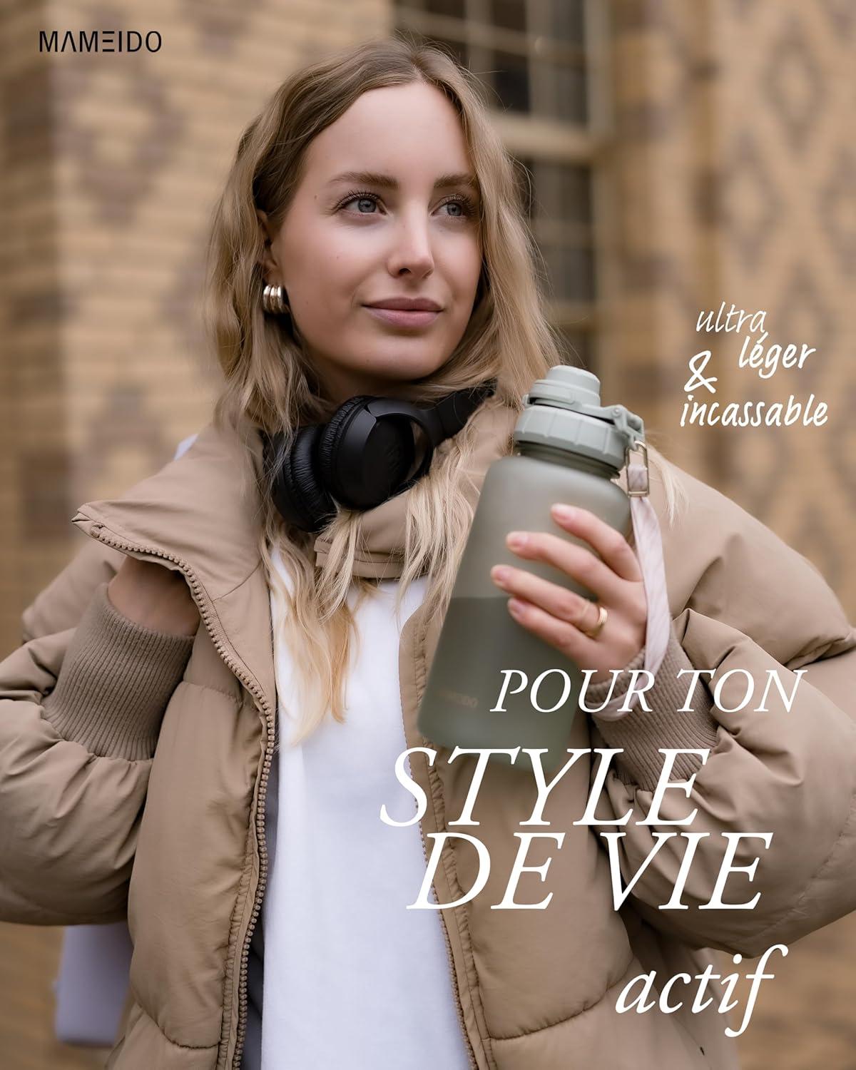 image:imageMAMEIDO Gourde avec Paille 1 l Marqueur de Temps de Motivation Gourde Sport avec Dragonne Gourde tanche Bouteille deau sans BPA Water Bottle Wild CandyDesert Sage