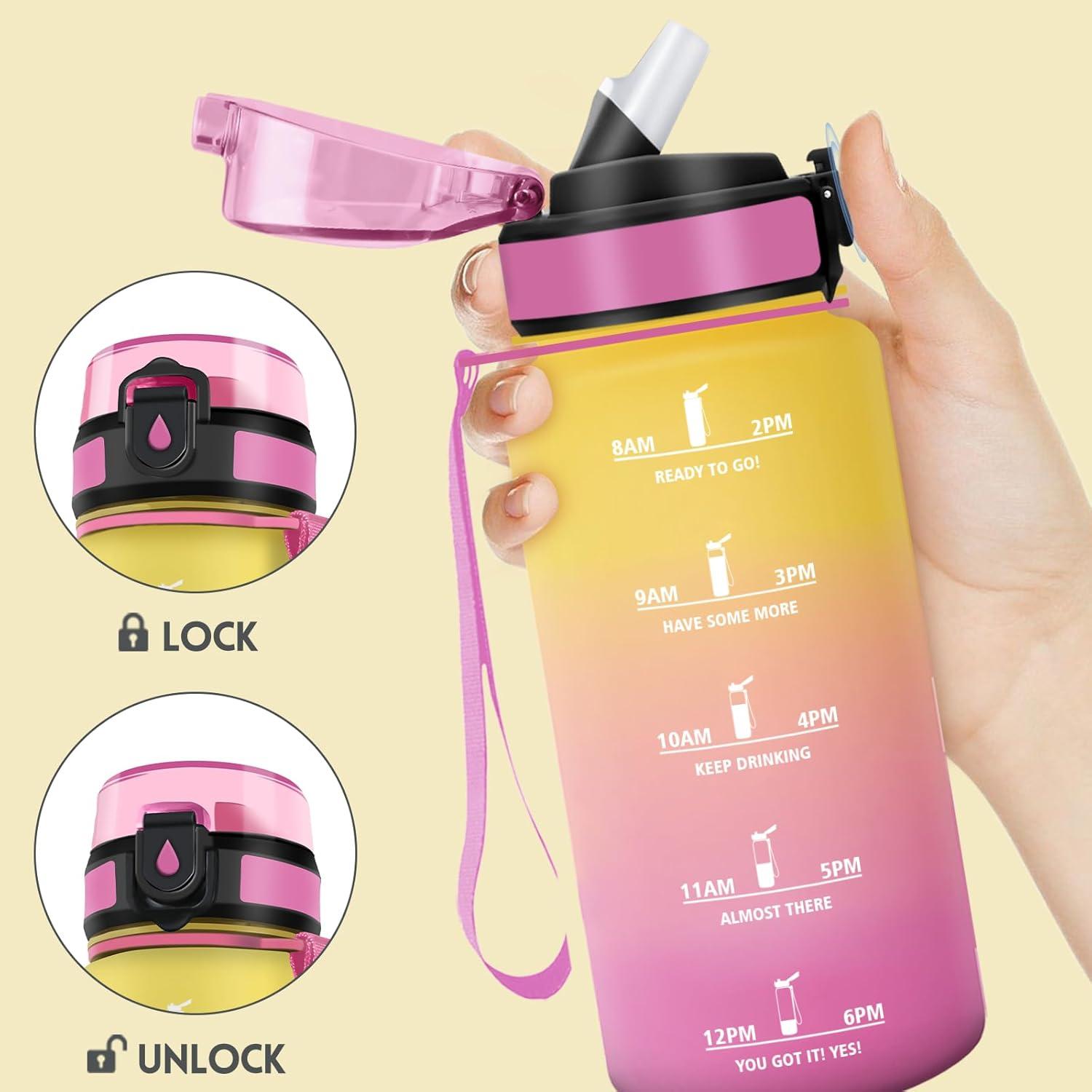 image:imageMotswedi Gourde Enfant 500 ml AntiFuite Gourde Paille avec Marqueur de Temps Bouteille deau Poigne de Transport Bouteille avec Paille pour Lcole Sport Yoga Blanc Cass Bleu ClairJaune Rose