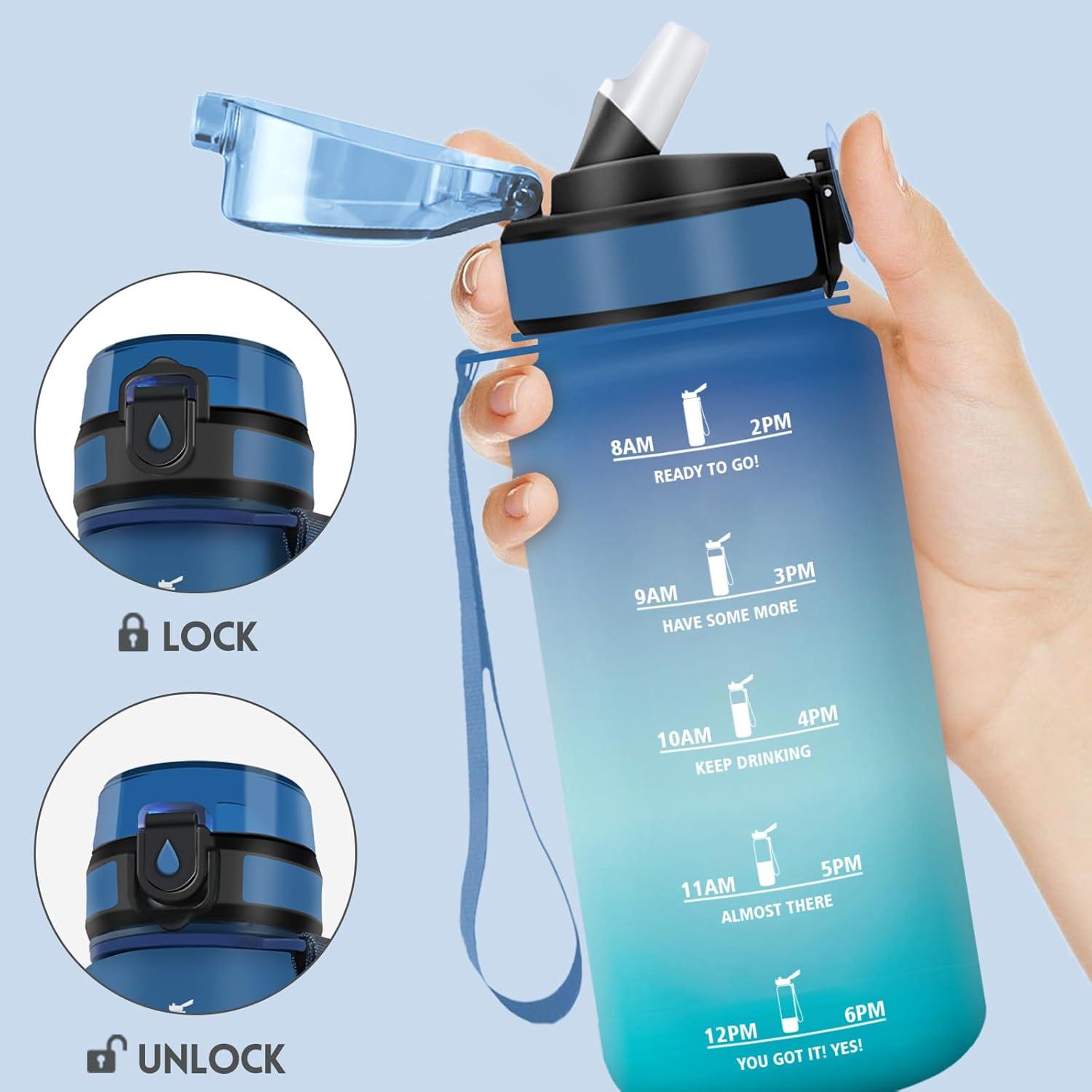 image:imageMotswedi Gourde Enfant 500 ml AntiFuite Gourde Paille avec Marqueur de Temps Bouteille deau Poigne de Transport Bouteille avec Paille pour Lcole Sport Yoga Blanc Cass Bleu ClairBleu Vert