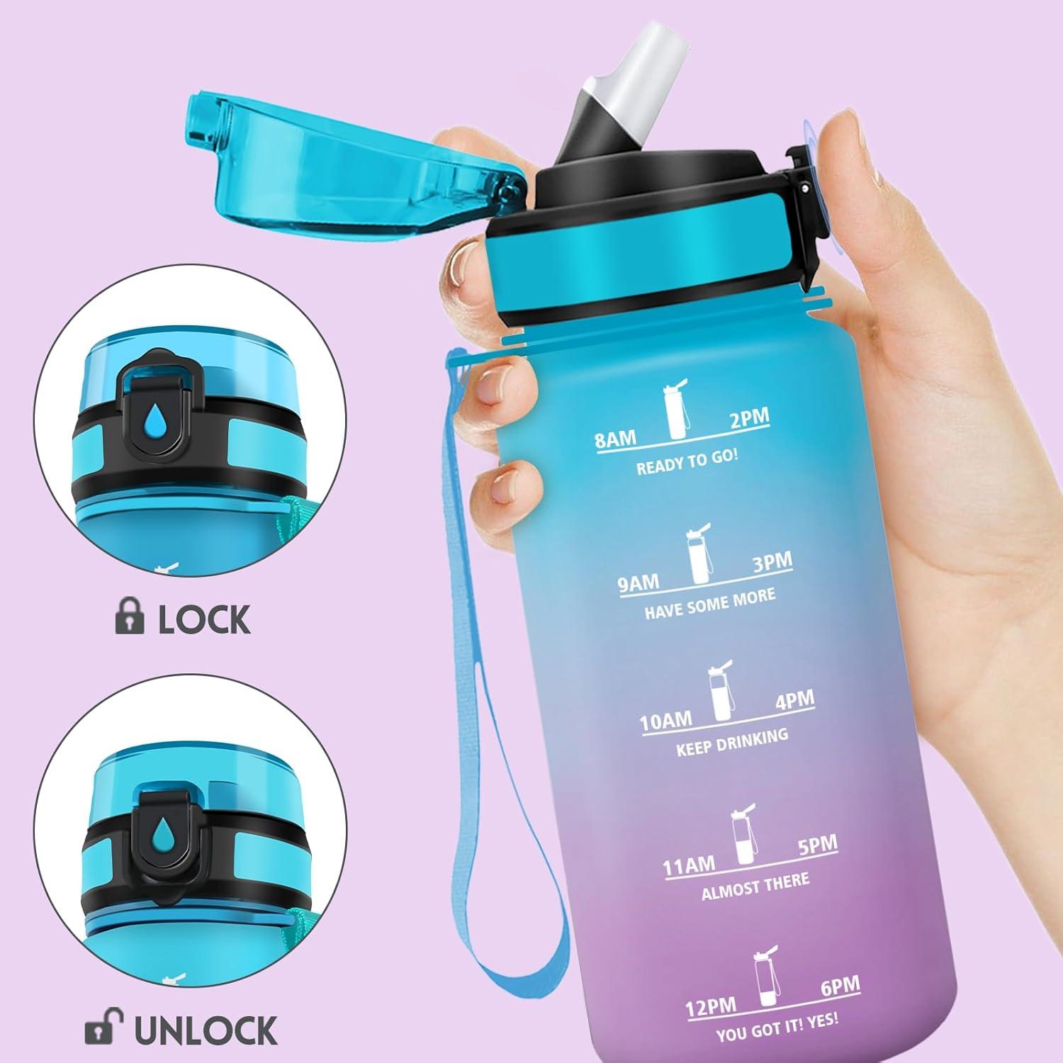 image:imageMotswedi Gourde Enfant 500 ml AntiFuite Gourde Paille avec Marqueur de Temps Bouteille deau Poigne de Transport Bouteille avec Paille pour Lcole Sport Yoga Blanc Cass Bleu ClairBleu Violet