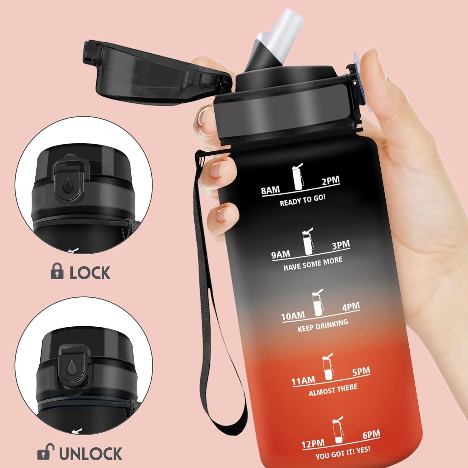 image:imageMotswedi Gourde Enfant 500 ml AntiFuite Gourde Paille avec Marqueur de Temps Bouteille deau Poigne de Transport Bouteille avec Paille pour Lcole Sport Yoga Blanc Cass Bleu ClairNoir Rouge