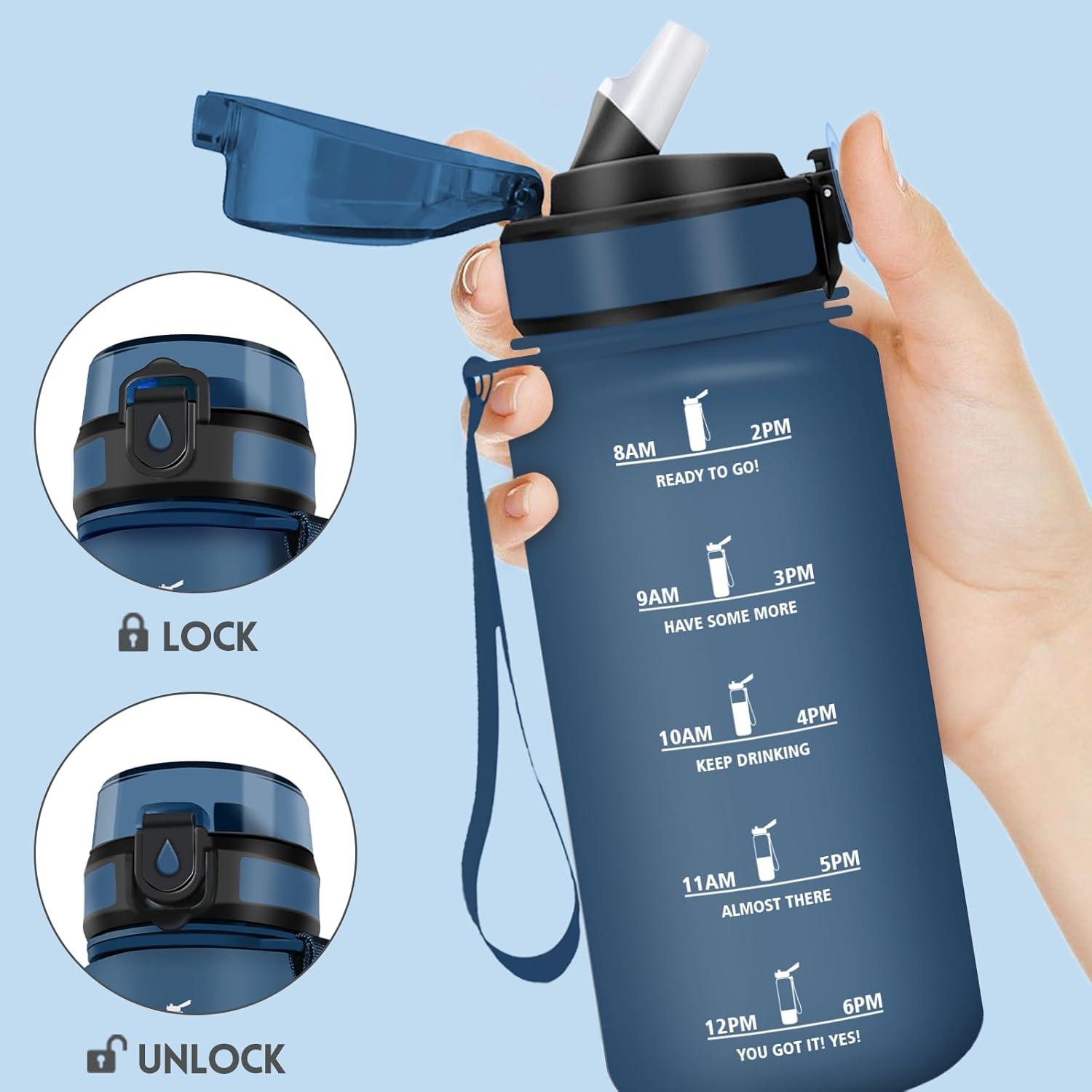 image:imageMotswedi Gourde Enfant 500 ml AntiFuite Gourde Paille avec Marqueur de Temps Bouteille deau Poigne de Transport Bouteille avec Paille pour Lcole Sport Yoga Blanc Cass Bleu ClairBleu Fonc