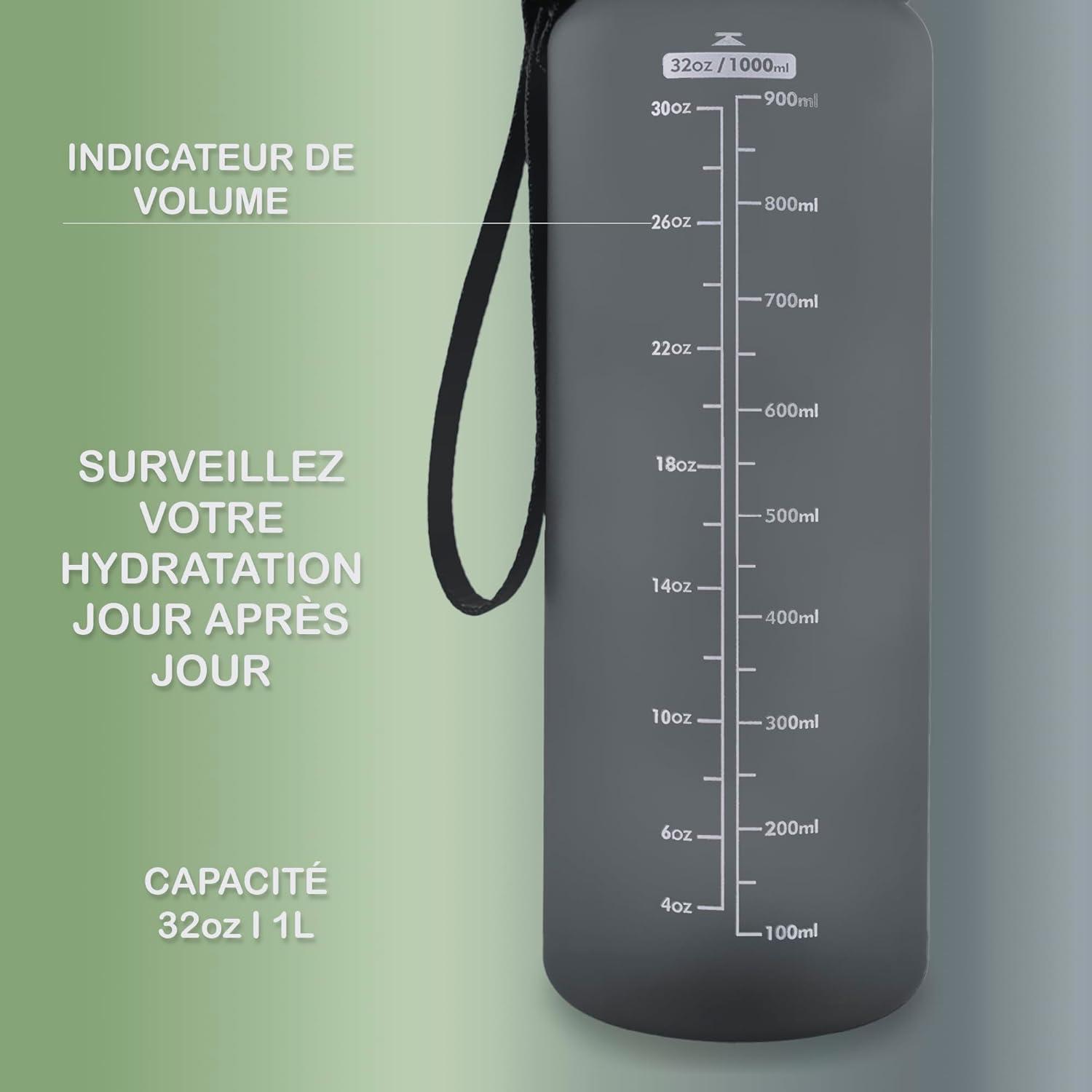image:imageOtto Koning Gourde Sport 1L Bouteille Eau Sans BPA Gourde Adulte Femme Homme Plastique Haute Qualit Hermtique Grande Bouteille Randonne Ouverture Bouton Courroie Nettoyage FacileGris