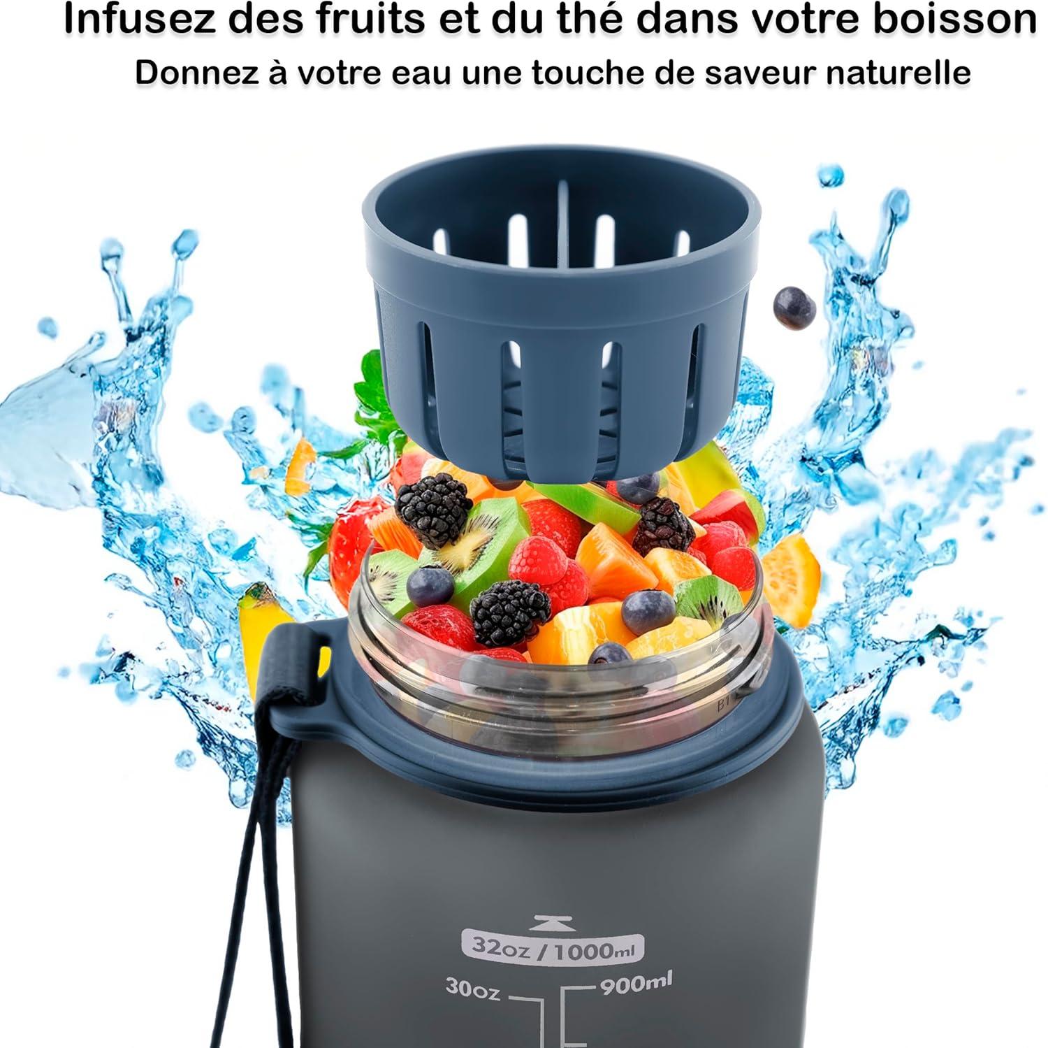 image:imageOtto Koning Gourde Sport 1L Bouteille Eau Sans BPA Gourde Adulte Femme Homme Plastique Haute Qualit Hermtique Grande Bouteille Randonne Ouverture Bouton Courroie Nettoyage FacileGris