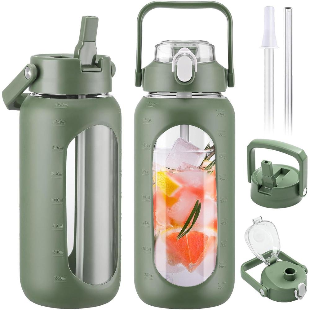 image:imageBLUEGO 2000ml Bouteilles deau en verre avec 2 couvercles Gourd avec paille 2L Grande bouteille deau avec marqueurs de temps et de capacit pour salle de sport Maison tanche AmbreOlive