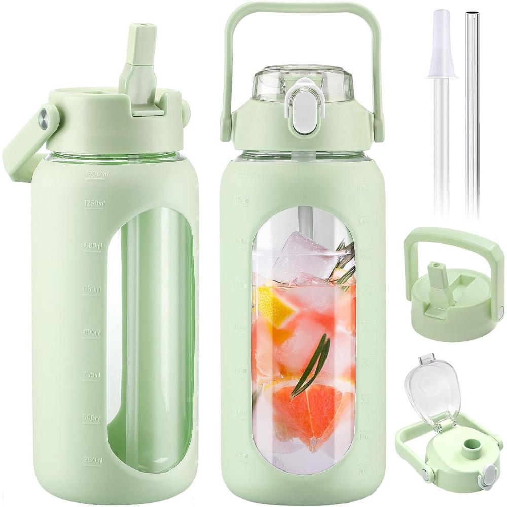 image:imageBLUEGO 2000ml Bouteilles deau en verre avec 2 couvercles Gourd avec paille 2L Grande bouteille deau avec marqueurs de temps et de capacit pour salle de sport Maison tanche AmbreGris
