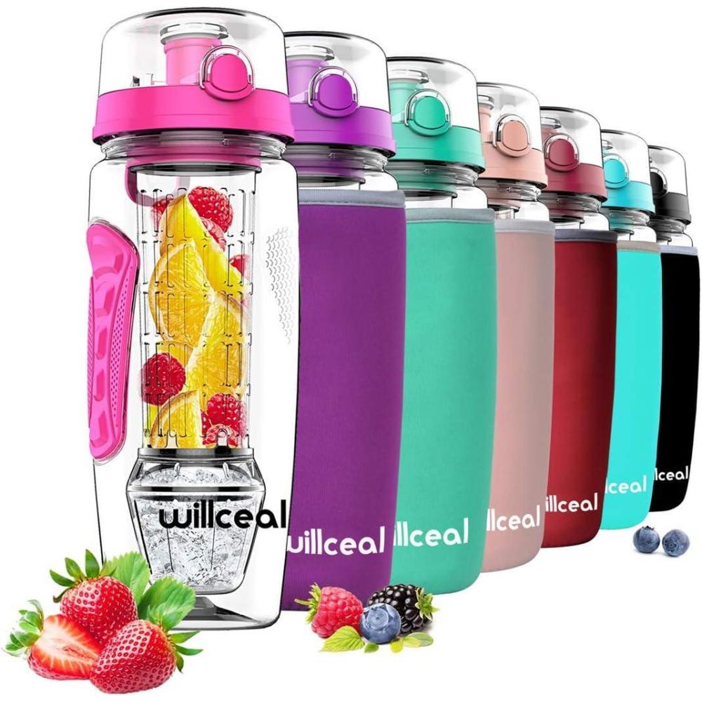image:imageBouteille deau pour infuseur de fruits 32 oz durable avec boule de gel amovible grande  Tritan sans BPA couvercle  rabat protection antifuites  Sports Camping SarcelleRose