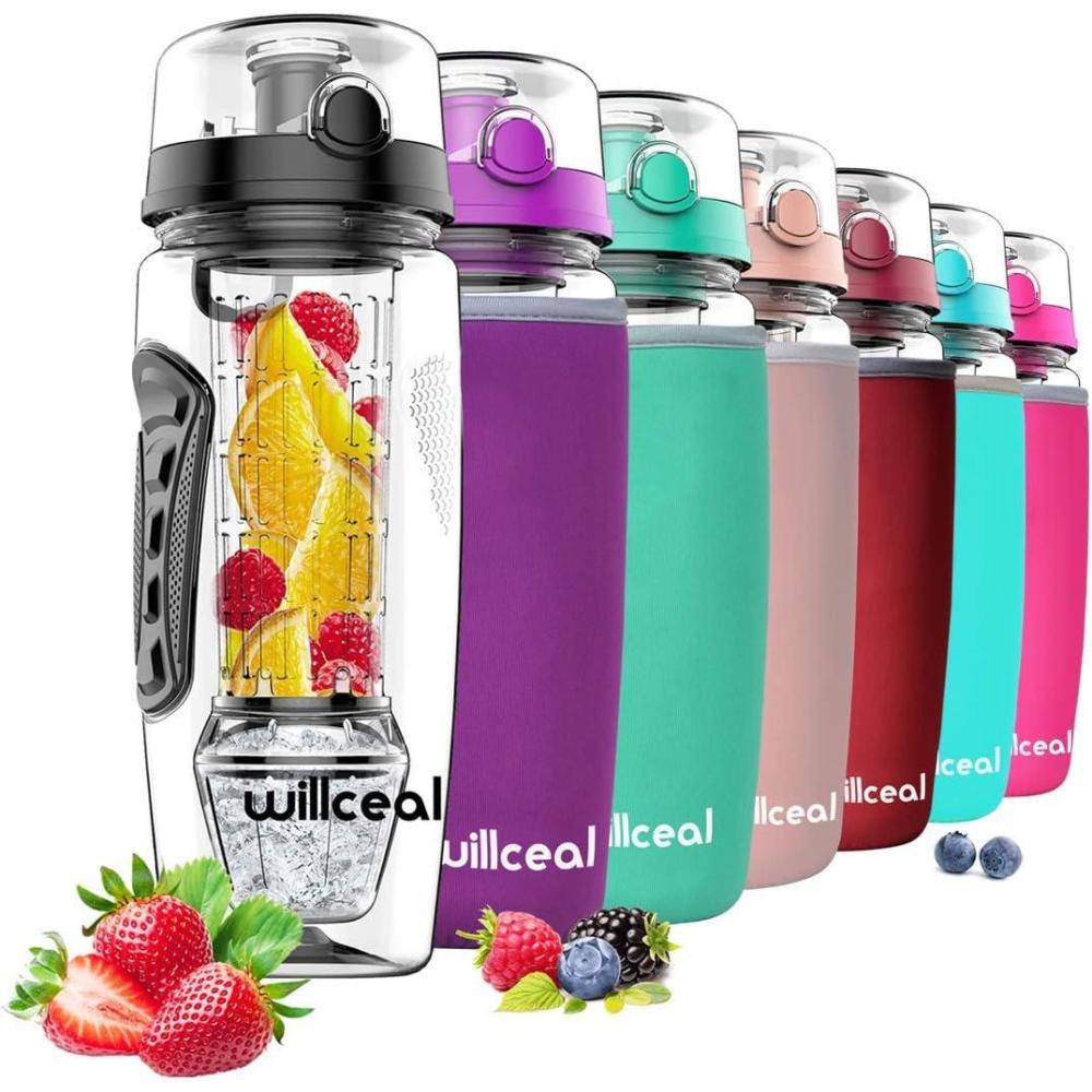 image:imageBouteille deau pour infuseur de fruits 32 oz durable avec boule de gel amovible grande  Tritan sans BPA couvercle  rabat protection antifuites  Sports Camping SarcelleNoir