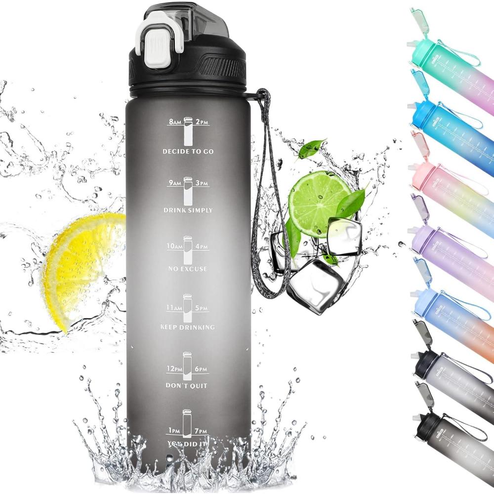 image:imageCodiCile Gourde Sport 1l avec paillebouteille deau de motivation avec Marqueur de Tempsbouteille deau tanche avec couvercle sans BPA pour sport gym bureau course piedviolet dgradNoir
