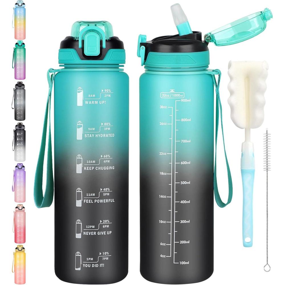 image:imageCodiCile Gourde Sport 1l avec paillebouteille deau de motivation avec Marqueur de Tempsbouteille deau tanche avec couvercle sans BPA pour sport gym bureau course piedviolet dgradVert Noir