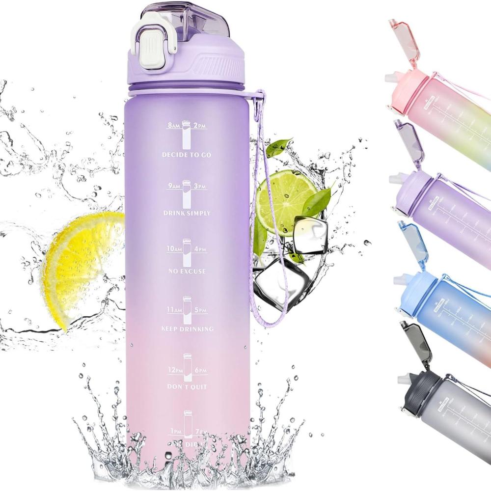 image:imageCodiCile Gourde Sport 1l avec paillebouteille deau de motivation avec Marqueur de Tempsbouteille deau tanche avec couvercle sans BPA pour sport gym bureau course  piedviolet dgradViolet Dgrad