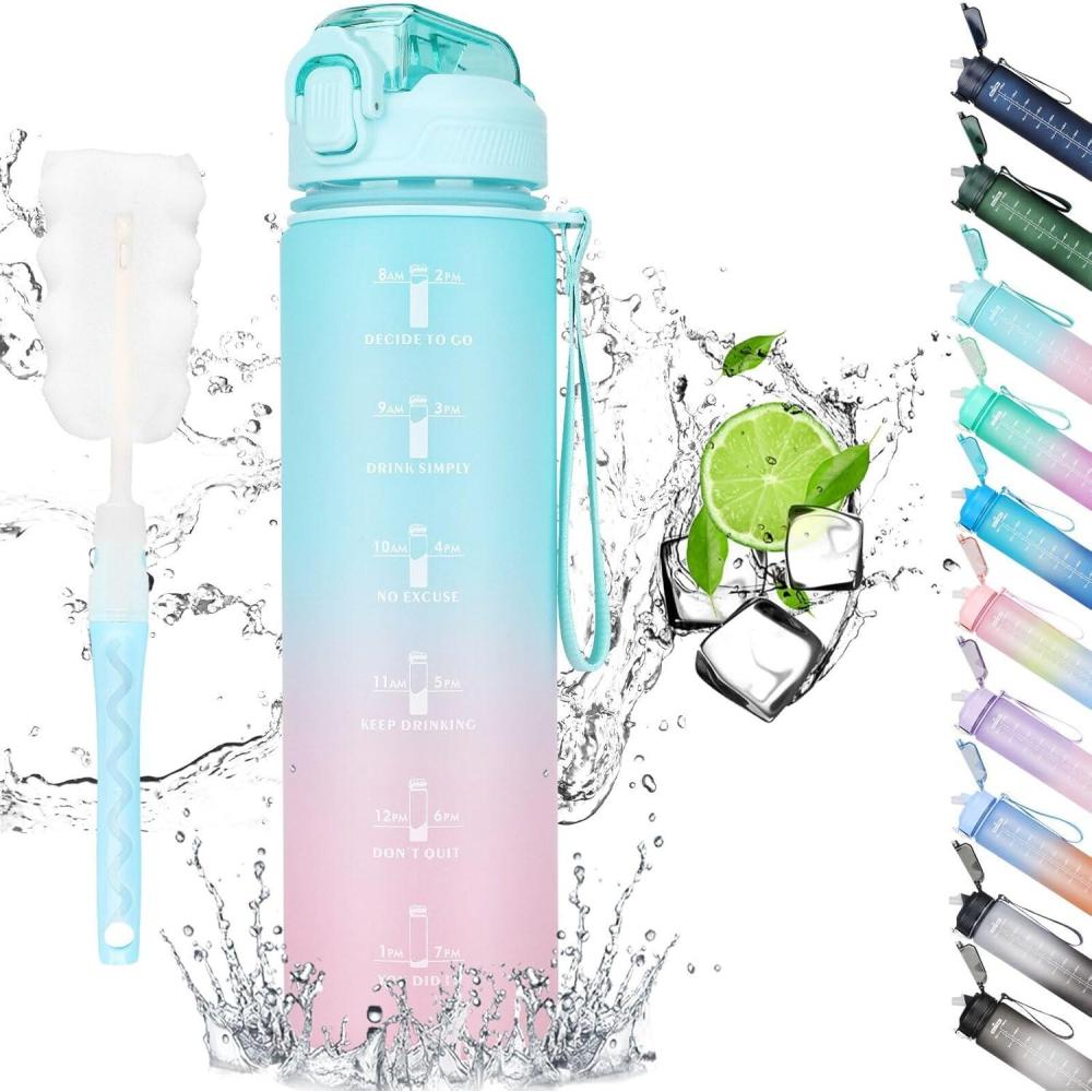 image:imageCodiCile Gourde Sport 1l avec paillebouteille deau de motivation avec Marqueur de Tempsbouteille deau tanche avec couvercle sans BPA pour sport gym bureau course piedviolet dgradVert Menthe Rose