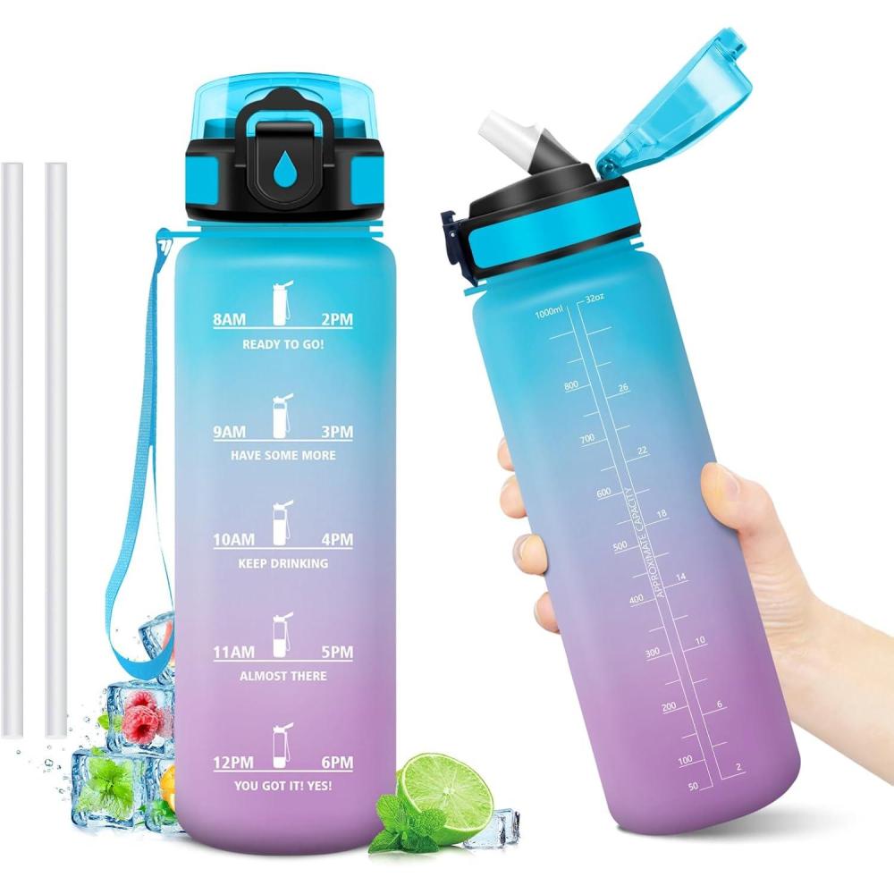 image:imageGourde Motivation 1L Gourde avec Paille sans BPA Bouteille deau de Motivation avec Marqueur de Temps tanche et Rutilisable Bouteille Rutilisable pour lcole Sport Bureau Yoga Camping32oz1000ml Paille Bleu Violet