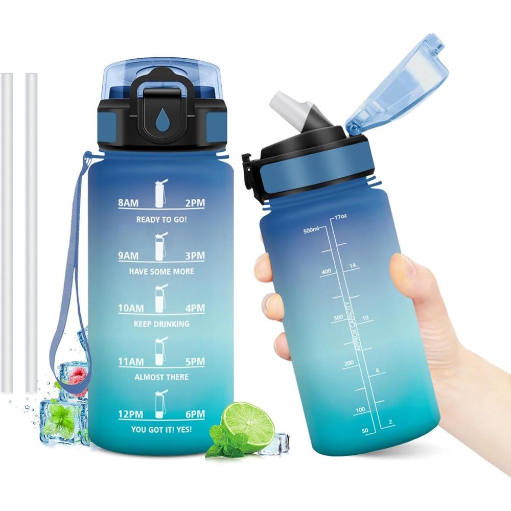 image:imageGourde Motivation 1L Gourde avec Paille sans BPA Bouteille deau de Motivation avec Marqueur de Temps tanche et Rutilisable Bouteille Rutilisable pour lcole Sport Bureau Yoga Camping17oz500ml Paille Bleu Vert