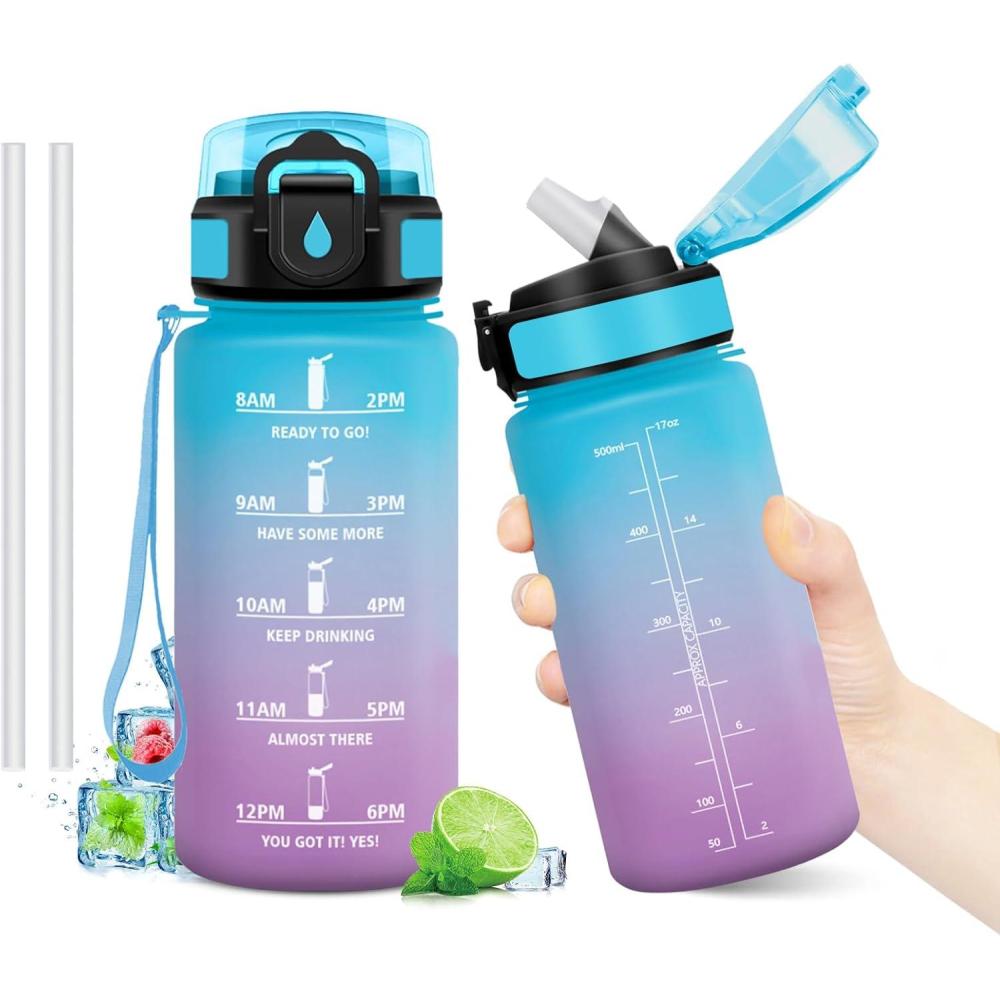 image:imageGourde Motivation 1L Gourde avec Paille sans BPA Bouteille deau de Motivation avec Marqueur de Temps tanche et Rutilisable Bouteille Rutilisable pour lcole Sport Bureau Yoga Camping17oz500ml Paille Bleu Violet
