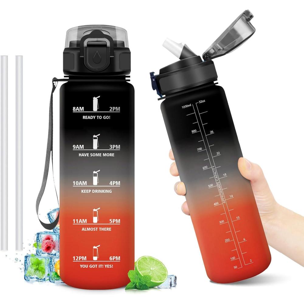 image:imageGourde Motivation 1L Gourde avec Paille sans BPA Bouteille deau de Motivation avec Marqueur de Temps tanche et Rutilisable Bouteille Rutilisable pour lcole Sport Bureau Yoga Camping32oz1000ml Paille Noir Rouge