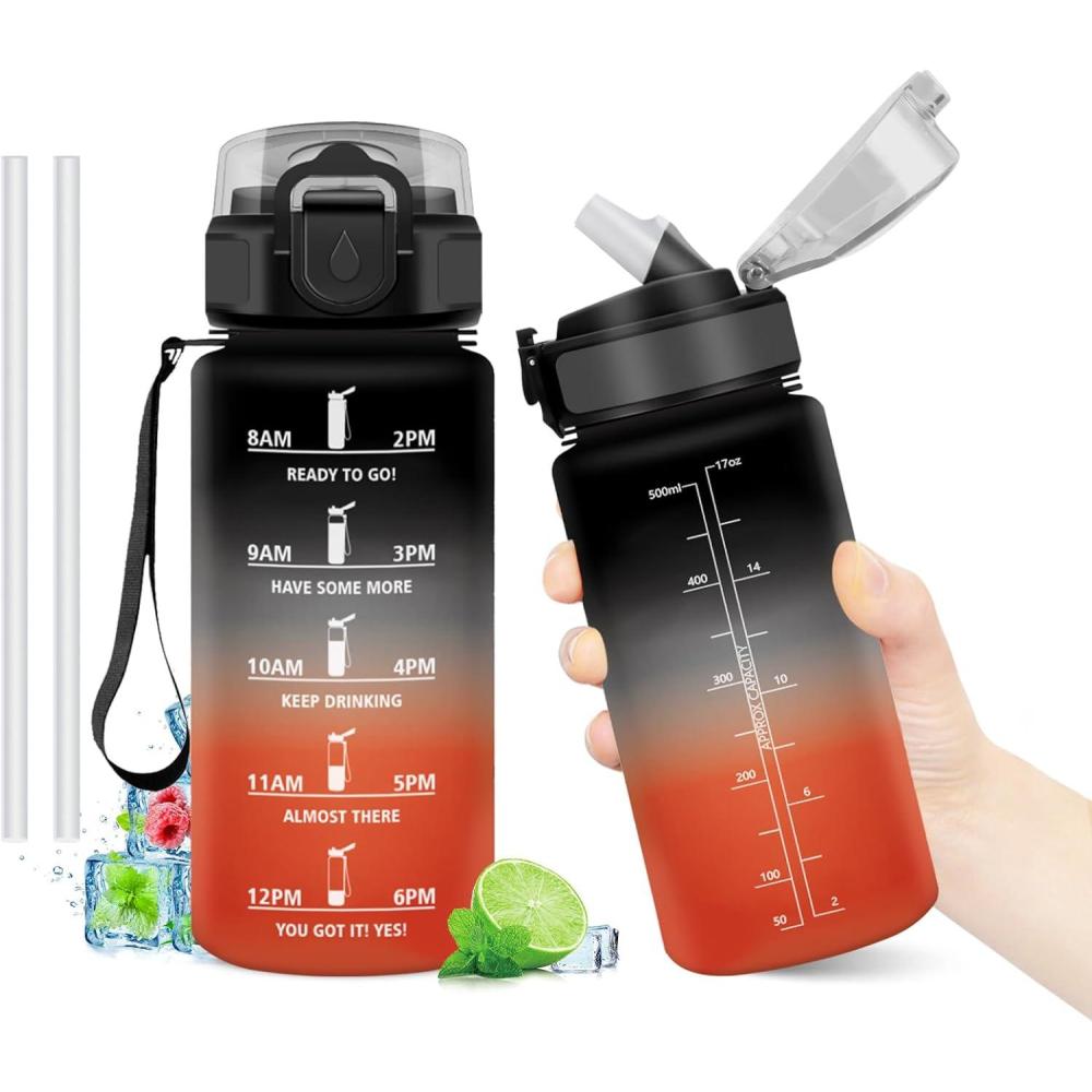 image:imageGourde Motivation 1L Gourde avec Paille sans BPA Bouteille deau de Motivation avec Marqueur de Temps tanche et Rutilisable Bouteille Rutilisable pour lcole Sport Bureau Yoga Camping17oz500ml Paille Noir Rouge