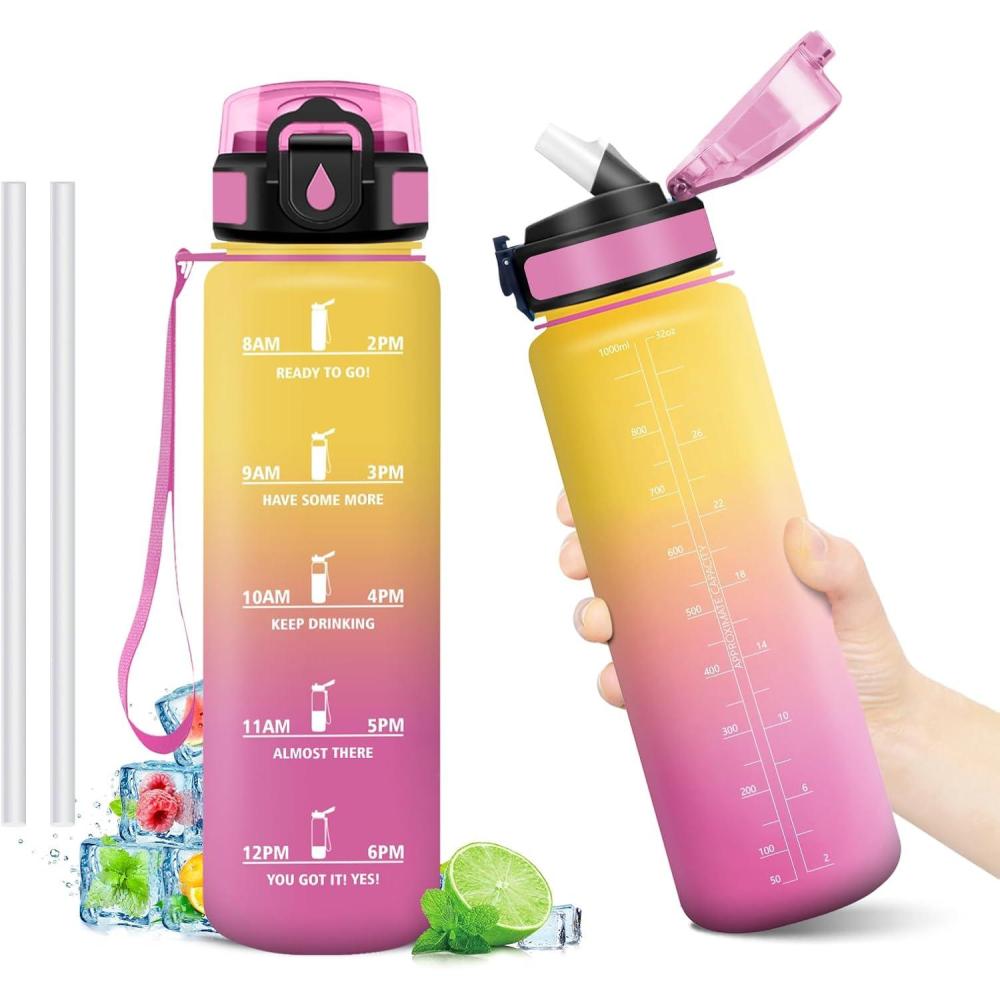 image:imageGourde Motivation 1L Gourde avec Paille sans BPA Bouteille deau de Motivation avec Marqueur de Temps tanche et Rutilisable Bouteille Rutilisable pour lcole Sport Bureau Yoga Camping32oz1000ml Paille Jaune Rose