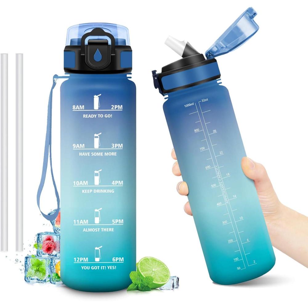 image:imageGourde Motivation 1L Gourde avec Paille sans BPA Bouteille deau de Motivation avec Marqueur de Temps tanche et Rutilisable Bouteille Rutilisable pour lcole Sport Bureau Yoga Camping32oz1000ml Paille Bleu Vert