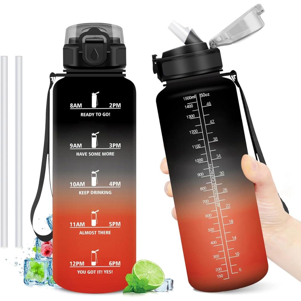 image:imageGourde Motivation 1L Gourde avec Paille sans BPA Bouteille deau de Motivation avec Marqueur de Temps tanche et Rutilisable Bouteille Rutilisable pour lcole Sport Bureau Yoga Camping50oz1500ml Paille Noir Rouge
