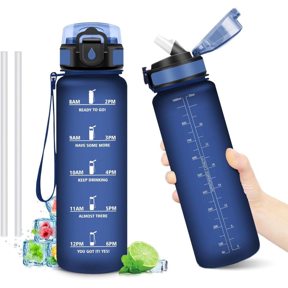 image:imageGourde Motivation 1L Gourde avec Paille sans BPA Bouteille deau de Motivation avec Marqueur de Temps tanche et Rutilisable Bouteille Rutilisable pour lcole Sport Bureau Yoga Camping32oz1000ml Paille Mat Bleu Marine