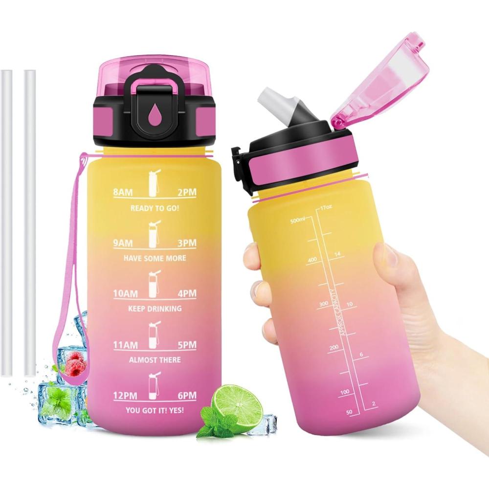 image:imageGourde Motivation 1L Gourde avec Paille sans BPA Bouteille deau de Motivation avec Marqueur de Temps tanche et Rutilisable Bouteille Rutilisable pour lcole Sport Bureau Yoga Camping17oz500ml Paille Jaune Rose