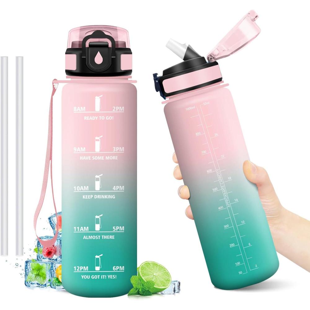 image:imageGourde Motivation 1L Gourde avec Paille sans BPA Bouteille deau de Motivation avec Marqueur de Temps tanche et Rutilisable Bouteille Rutilisable pour lcole Sport Bureau Yoga Camping32oz1000ml Paille Rose Cyan