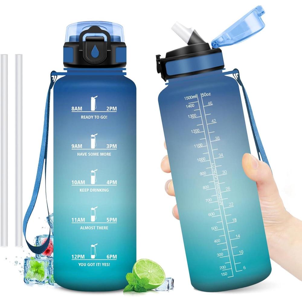 image:imageGourde Motivation 1L Gourde avec Paille sans BPA Bouteille deau de Motivation avec Marqueur de Temps tanche et Rutilisable Bouteille Rutilisable pour lcole Sport Bureau Yoga Camping50oz1500ml Paille Bleu Vert