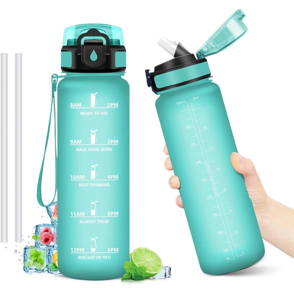 image:imageGourde Motivation 1L Gourde avec Paille sans BPA Bouteille deau de Motivation avec Marqueur de Temps tanche et Rutilisable Bouteille Rutilisable pour lcole Sport Bureau Yoga Camping32oz1000ml Paille Mat Bleuvert