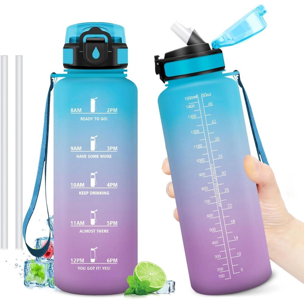 image:imageGourde Motivation 1L Gourde avec Paille sans BPA Bouteille deau de Motivation avec Marqueur de Temps tanche et Rutilisable Bouteille Rutilisable pour lcole Sport Bureau Yoga Camping50oz1500ml Paille Bleu Violet