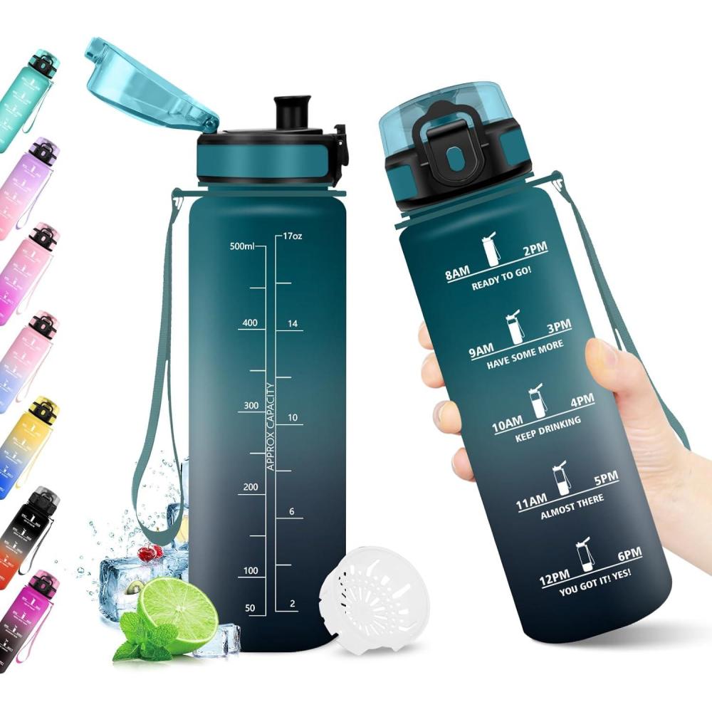 image:imageKollyKolla Gourde 1L Bouteille Motivation tanche avec Filtre sans BPA Bouteille Sport avec Marqueur de Temps Gourde Rutilisable pour Adulte lcole Sport Bureau Yoga Camping500ml Vert Fonc Gris