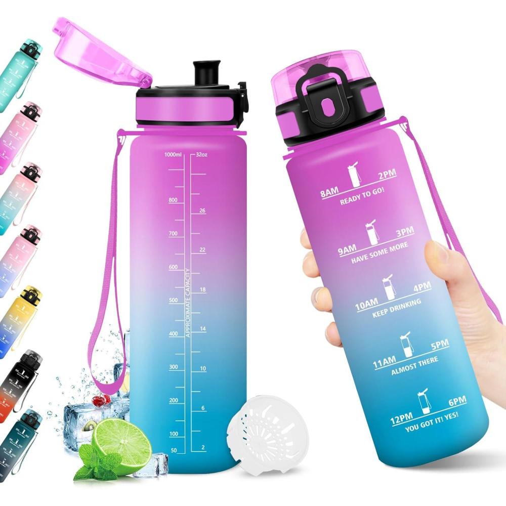 image:imageKollyKolla Gourde 1L Bouteille Motivation tanche avec Filtre sans BPA Bouteille Sport avec Marqueur de Temps Gourde Rutilisable pour Adulte lcole Sport Bureau Yoga Camping1000ml Rose Cyan