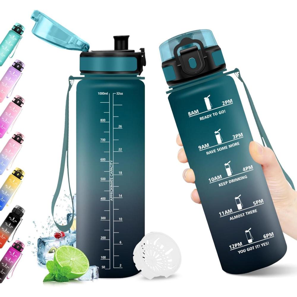 image:imageKollyKolla Gourde 1L Bouteille Motivation tanche avec Filtre sans BPA Bouteille Sport avec Marqueur de Temps Gourde Rutilisable pour Adulte lcole Sport Bureau Yoga Camping1000ml Vert Fonc Gris