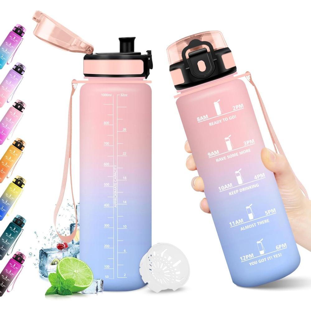 image:imageKollyKolla Gourde 1L Bouteille Motivation tanche avec Filtre sans BPA Bouteille Sport avec Marqueur de Temps Gourde Rutilisable pour Adulte lcole Sport Bureau Yoga Camping1000ml Rose Bleu Ciel