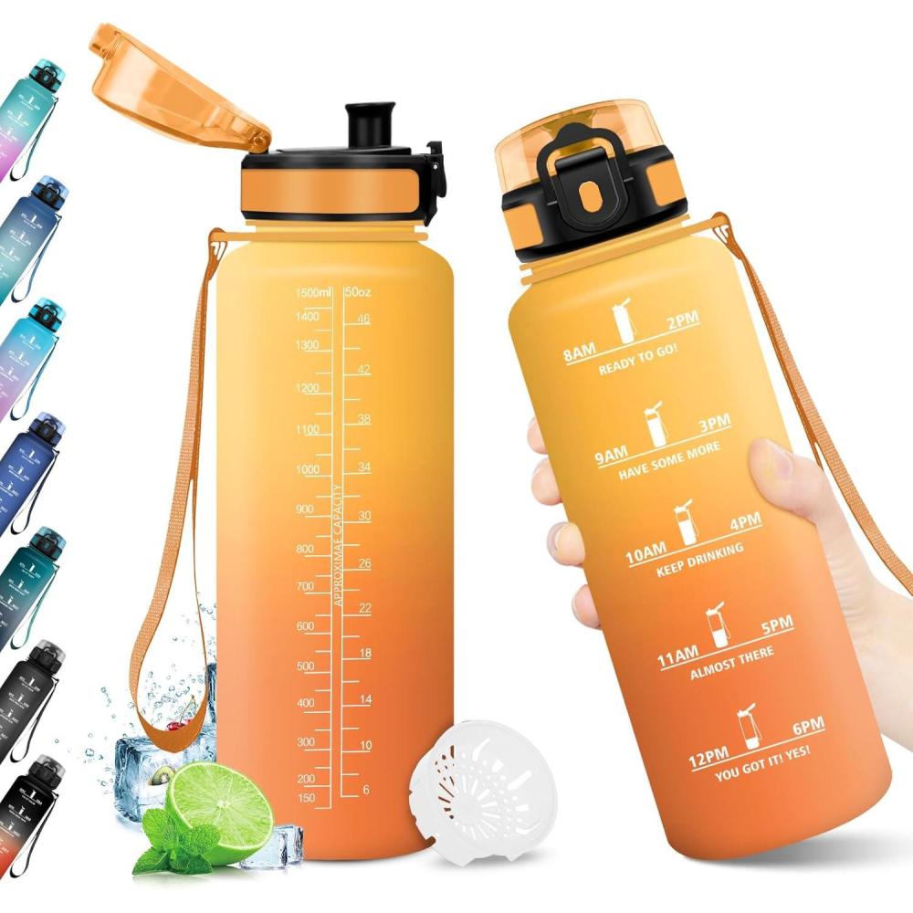 image:imageKollyKolla Gourde 1L Bouteille Motivation tanche avec Filtre sans BPA Bouteille Sport avec Marqueur de Temps Gourde Rutilisable pour Adulte lcole Sport Bureau Yoga Camping1500ml Jaune Ambre Orange
