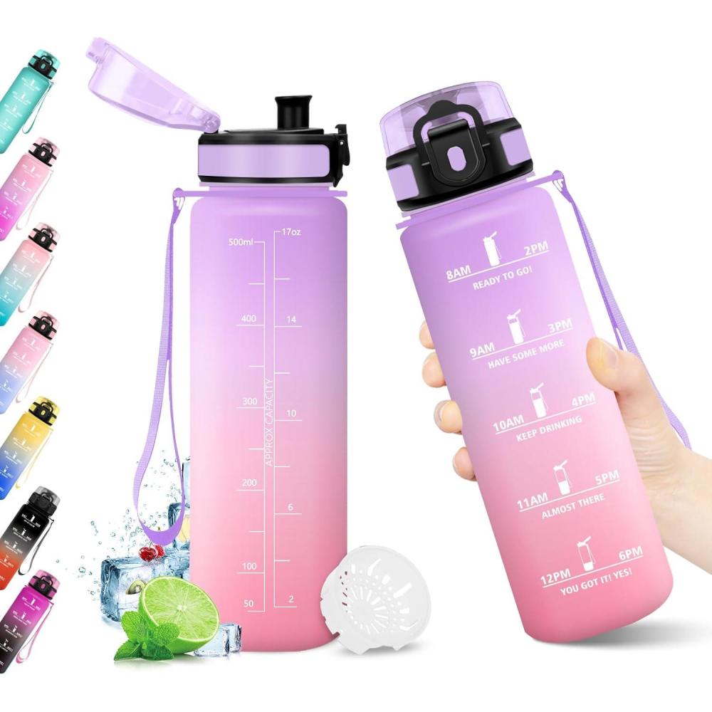image:imageKollyKolla Gourde 1L Bouteille Motivation tanche avec Filtre sans BPA Bouteille Sport avec Marqueur de Temps Gourde Rutilisable pour Adulte lcole Sport Bureau Yoga Camping500ml Violet Clair Rose Clair