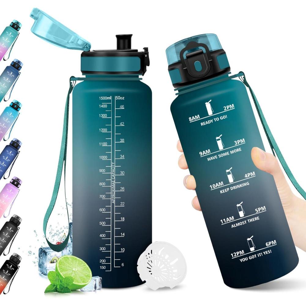image:imageKollyKolla Gourde 1L Bouteille Motivation tanche avec Filtre sans BPA Bouteille Sport avec Marqueur de Temps Gourde Rutilisable pour Adulte lcole Sport Bureau Yoga Camping1500ml Vert Fonc Gris