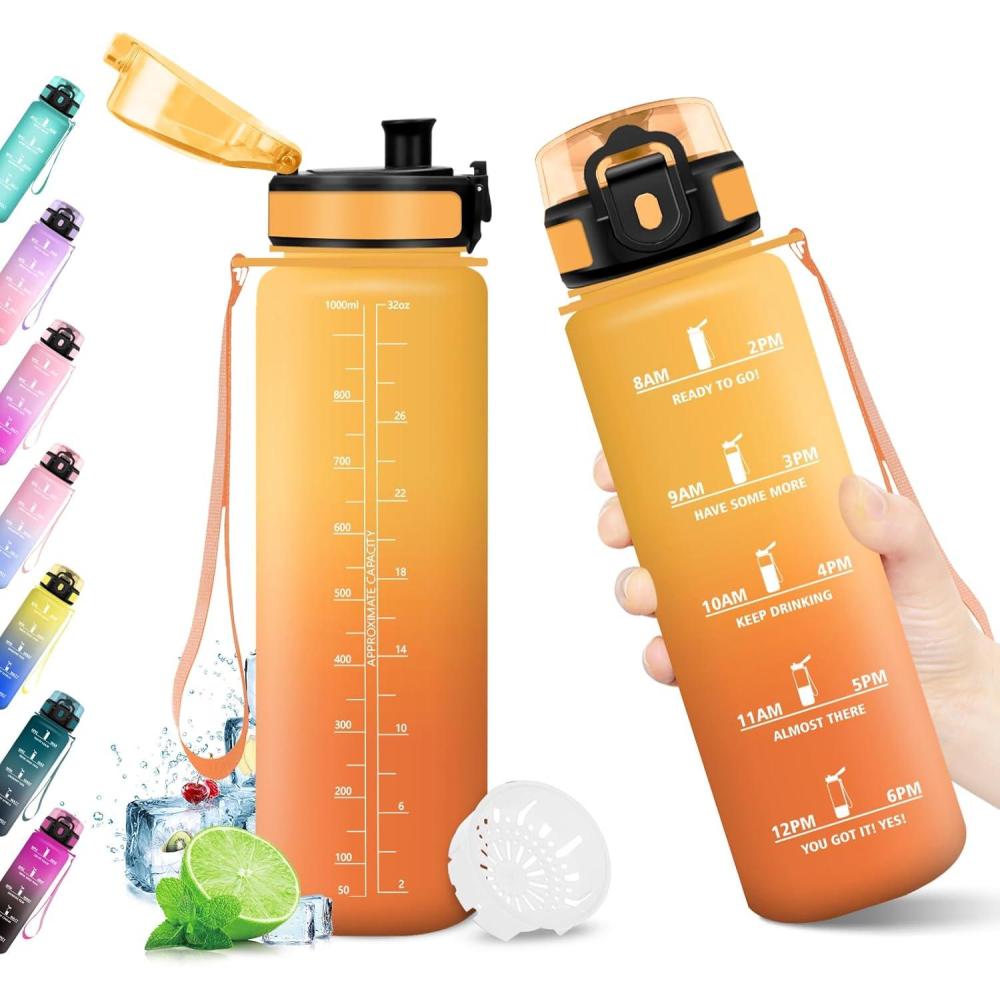 image:imageKollyKolla Gourde 1L Bouteille Motivation tanche avec Filtre sans BPA Bouteille Sport avec Marqueur de Temps Gourde Rutilisable pour Adulte lcole Sport Bureau Yoga Camping1000ml Jaune Ambre Orange