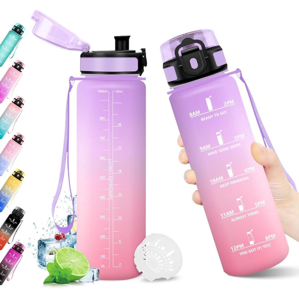 image:imageKollyKolla Gourde 1L Bouteille Motivation tanche avec Filtre sans BPA Bouteille Sport avec Marqueur de Temps Gourde Rutilisable pour Adulte lcole Sport Bureau Yoga Camping1000ml Violet Clair Rose Clair