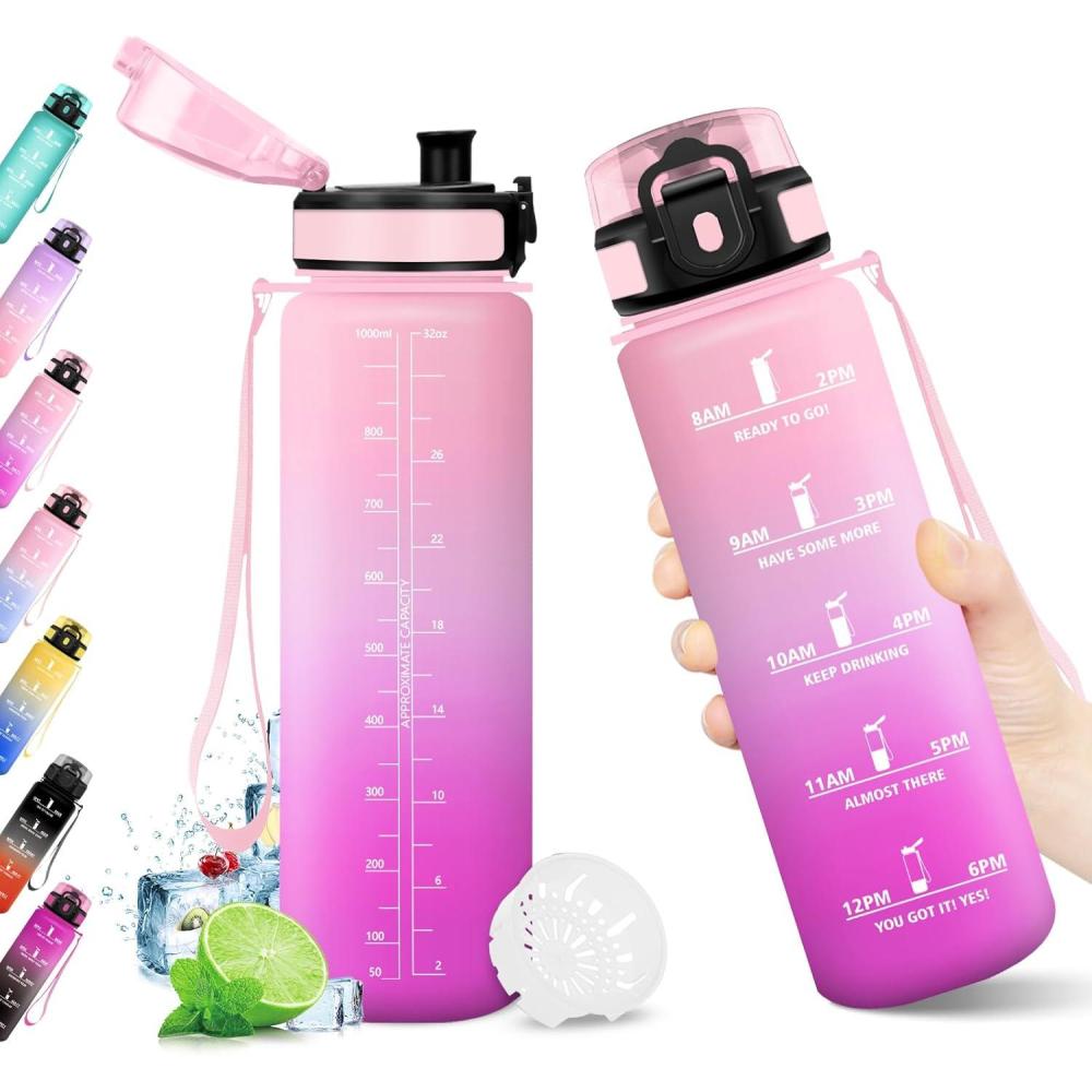 image:imageKollyKolla Gourde 1L Bouteille Motivation tanche avec Filtre sans BPA Bouteille Sport avec Marqueur de Temps Gourde Rutilisable pour Adulte lcole Sport Bureau Yoga Camping1000ml Rose Clair Rose