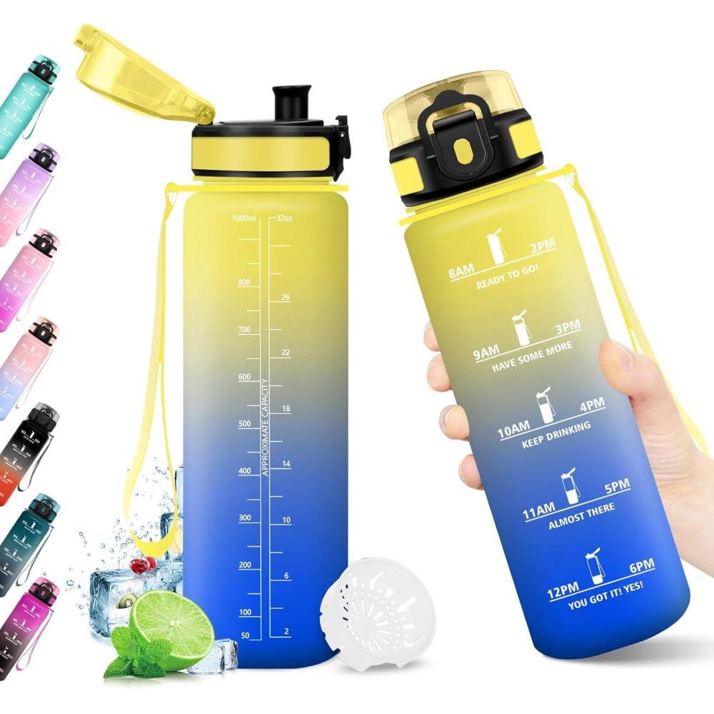 image:imageKollyKolla Gourde 1L Bouteille Motivation tanche avec Filtre sans BPA Bouteille Sport avec Marqueur de Temps Gourde Rutilisable pour Adulte lcole Sport Bureau Yoga Camping1000ml Jaune Bleu Roi