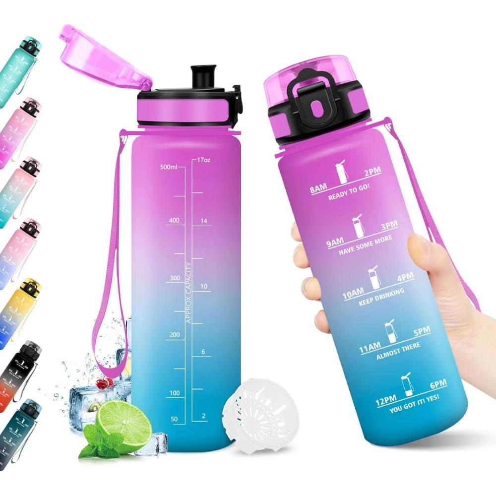 image:imageKollyKolla Gourde 1L Bouteille Motivation tanche avec Filtre sans BPA Bouteille Sport avec Marqueur de Temps Gourde Rutilisable pour Adulte lcole Sport Bureau Yoga Camping500ml Rose Cyan