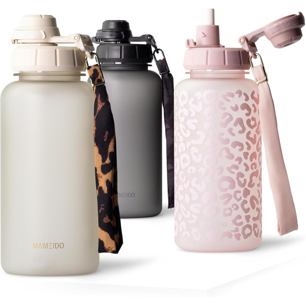 image:imageMAMEIDO Gourde avec Paille 1 l Marqueur de Temps de Motivation Gourde Sport avec Dragonne Gourde tanche Bouteille deau sans BPA Water Bottle Wild CandyIvory Beige